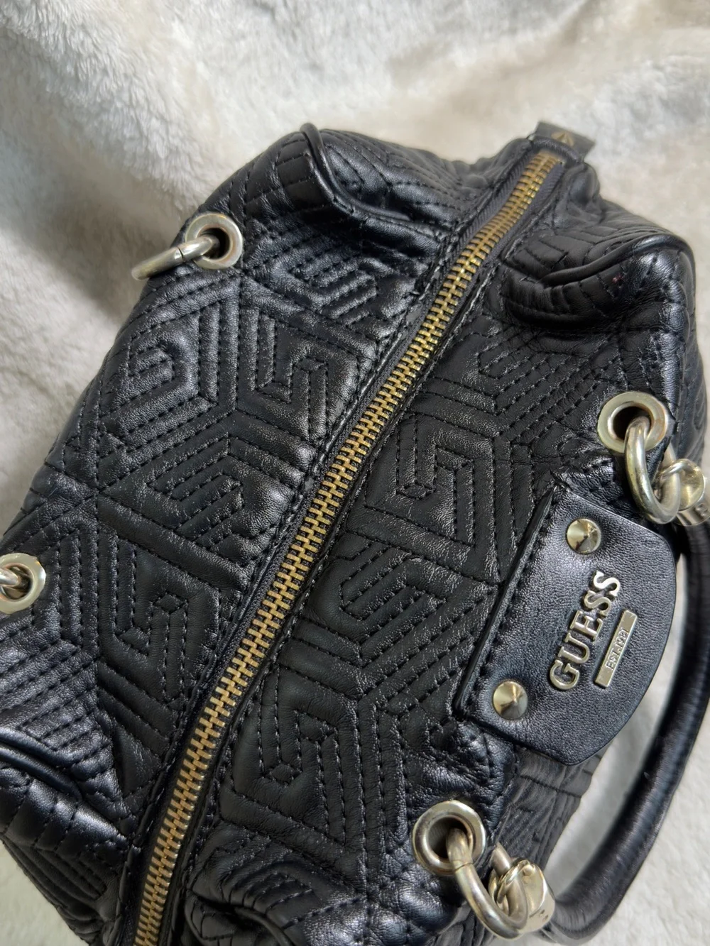 Guess Geometric Quilted Barrel Satchel Bag Black 3D Cube Top Handbag Purse